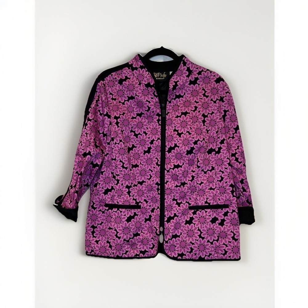 Bob Mackie Wearable Art Jacket Women Large Pink Floral Zip Up Mock Neck